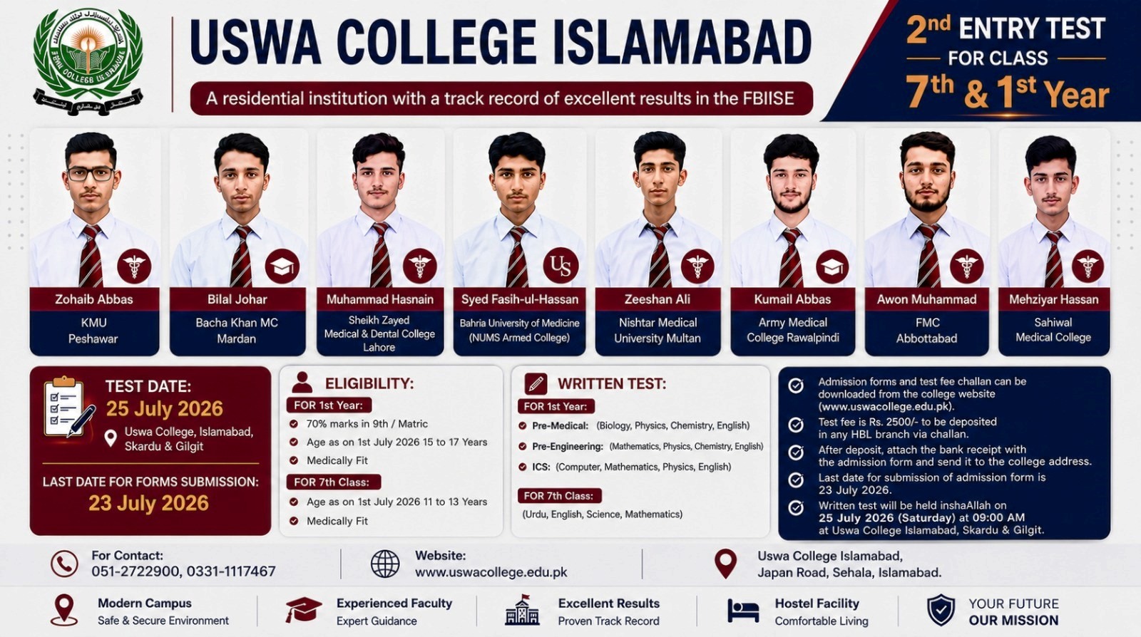 Uswa College Islamabad 2nd Entry Test for Class 7th & 1st Year